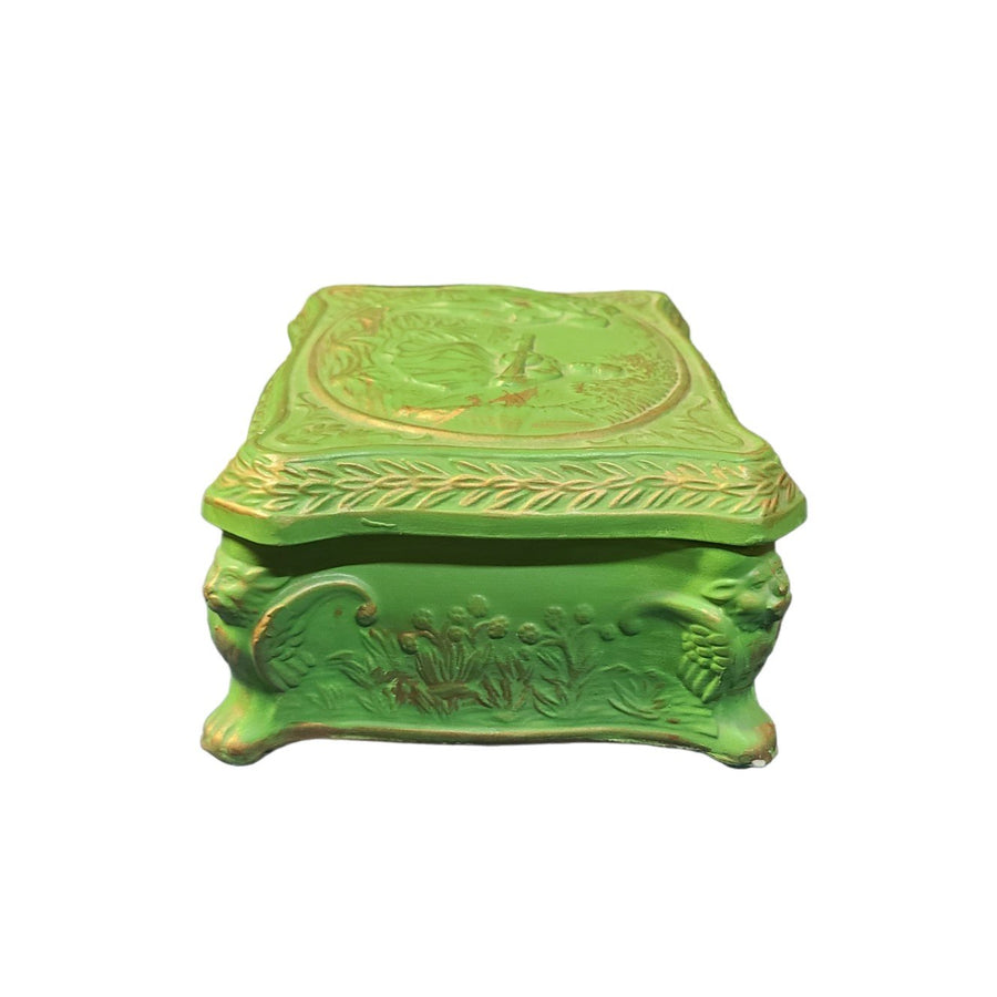 Green Ceramic Victorian Style Jewelry Box Vintage Trinket Storage Decorative