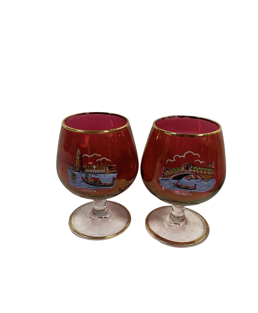 Brandy Snifters Venezia Italy Glass Stemware Set of 2 Cranberry Color