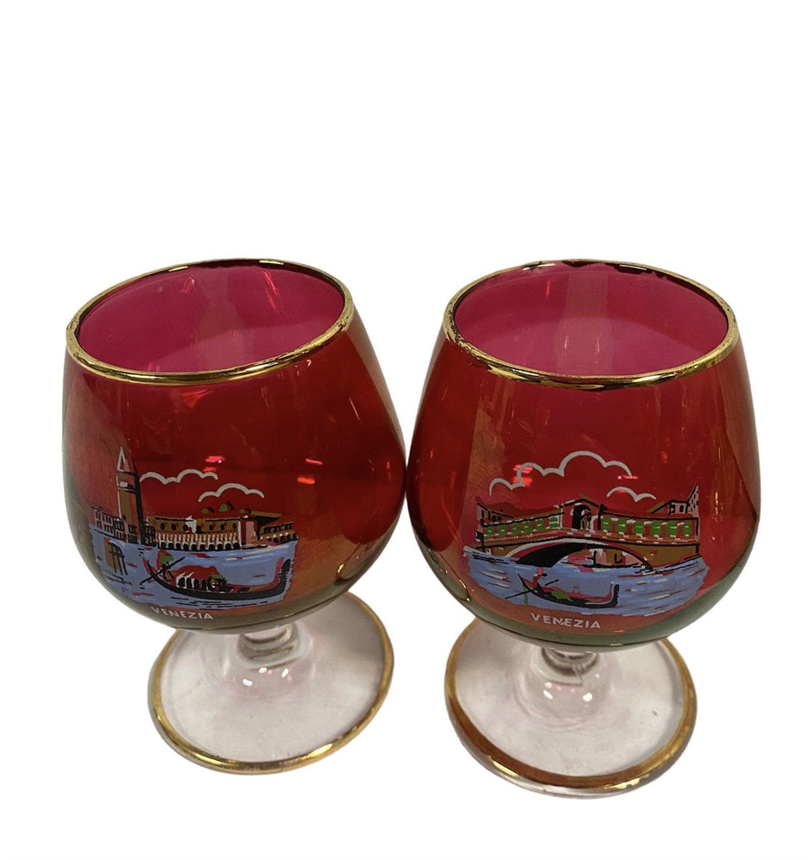 Brandy Snifters Venezia Italy Glass Stemware Set of 2 Cranberry Color