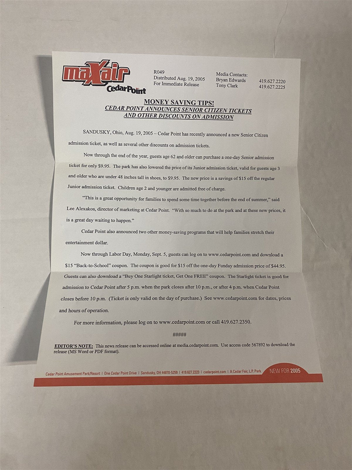 Cedar Point MaXair Vintage Press Release Lot From 2004-2005