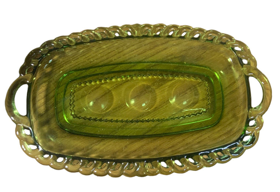 Kings Crown MCM 1960s Rare Avocado Green Small Handled Thumbprint Glass Tray