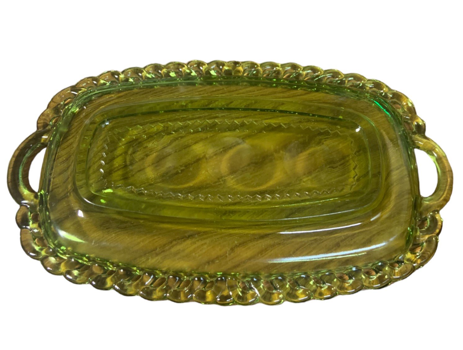Kings Crown MCM 1960s Rare Avocado Green Small Handled Thumbprint Glass Tray