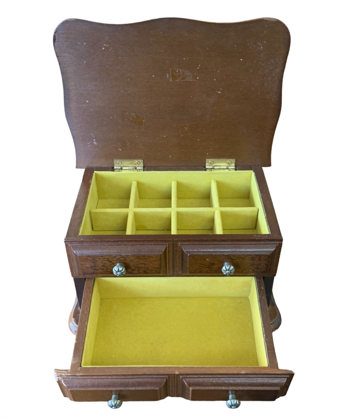 Jewelry Trinket Box Vintage Wood Yellow Felt Lined Drawered 8 Compartment