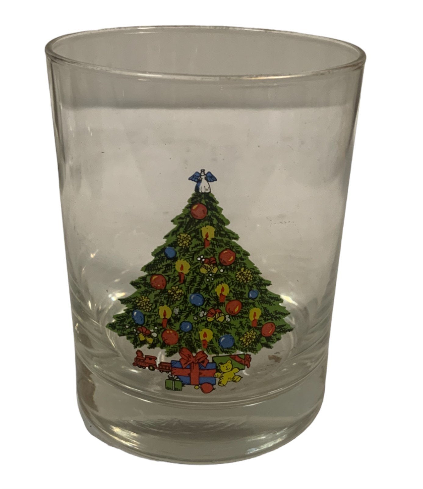 Carlton Vintage Old Fashion Glasses 4pc Set Christmas Tree Presents Gold Rim