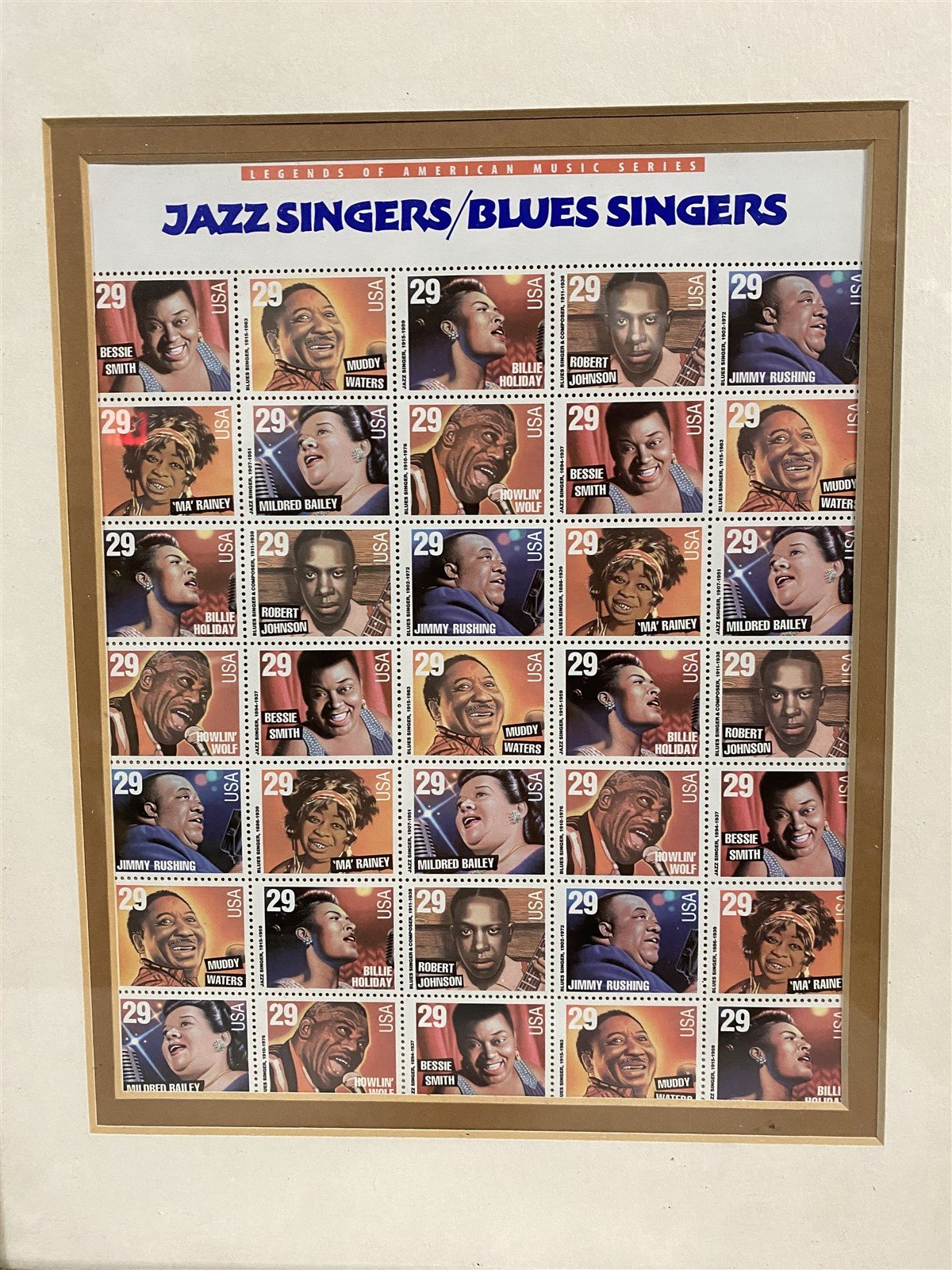 Jazz/Blues Singers Framed Sheet of 35 x 29 Cent Stamps Legends of American Music