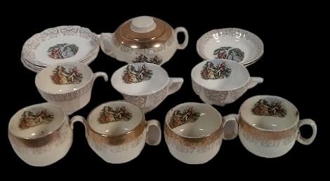 Crest-O-Gold Vintage Sabin Courting Couple Coffee Tea Plate Bowl Sugar w/ Lid