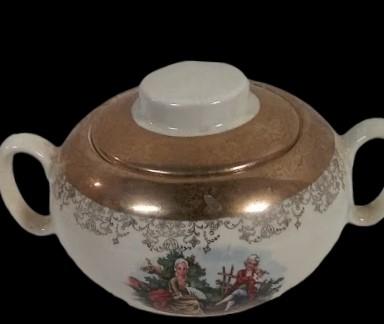 Crest-O-Gold Vintage Sabin Courting Couple Coffee Tea Plate Bowl Sugar w/ Lid