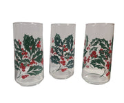 Indiana Glass Vintage Set of Three Holly Berries Tumblers Drinking Glasses 1970s