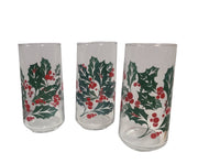Indiana Glass Vintage Set of Three Holly Berries Tumblers Drinking Glasses 1970s