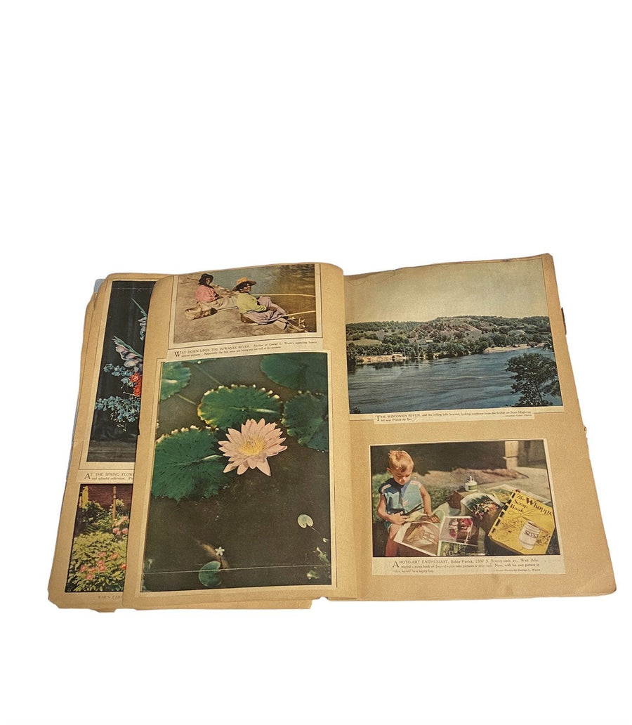 Antique Scrapbook c. 1930s, Color Newspaper Articles, Flowers, French Women