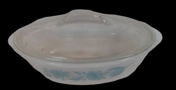 Glasbake Vintage Casserole Pan with Lid J-235 1 Quart Blue Thistle Pattern