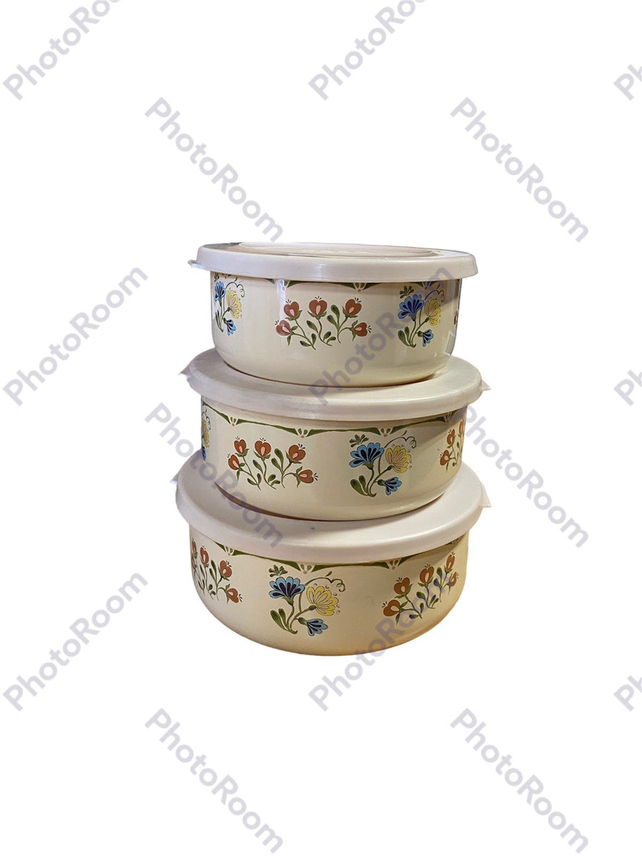 Enamel Nesting Stacking Containers Vtg Kobe JC Penney 90s Ivory Floral With Lids