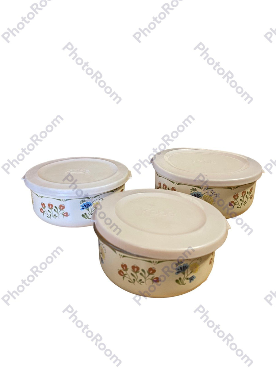 Enamel Nesting Stacking Containers Vtg Kobe JC Penney 90s Ivory Floral With Lids