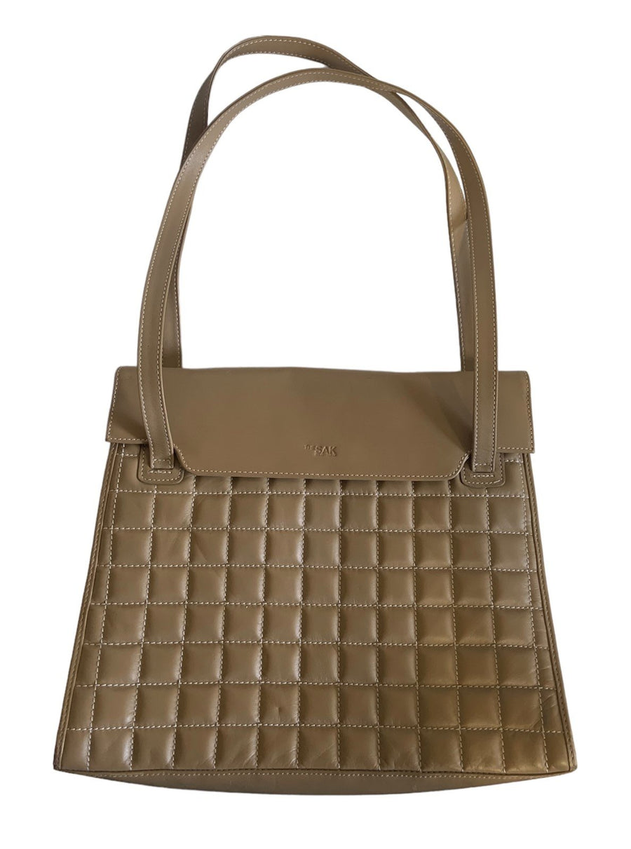 Vintage 80s The SAK Elliot Lucca Beige Square Tote Shoulder Bag Square Stitch