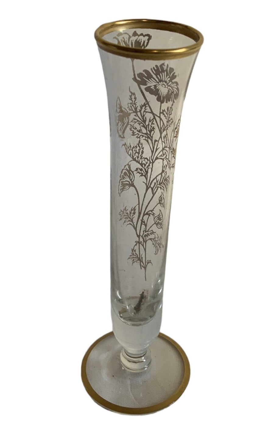Vintage Gold Small Floral Print Glass Round Footed Bud Flower Vase