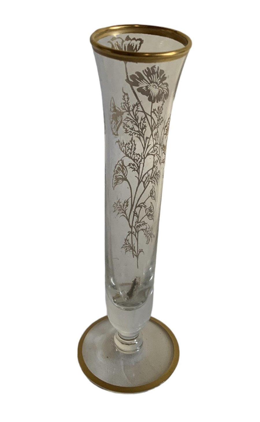 Vintage Gold Small Floral Print Glass Round Footed Bud Flower Vase