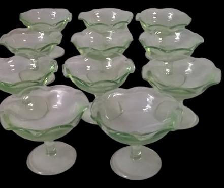 Vintage Antique Depression Vaseline Uranium Glass Dessert Cups Bowls Set of 11
