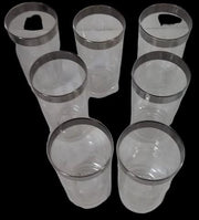 Antique Glass Tumblers Vintage with Silver Rim and Etched Design MCM (Set of 7)