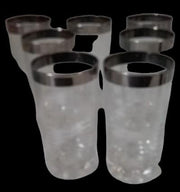 Antique Glass Tumblers Vintage with Silver Rim and Etched Design MCM (Set of 7)