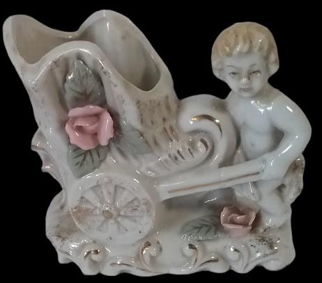 Bone China Flower Ceramic Vase Boy with Wheelbarrow Vintage