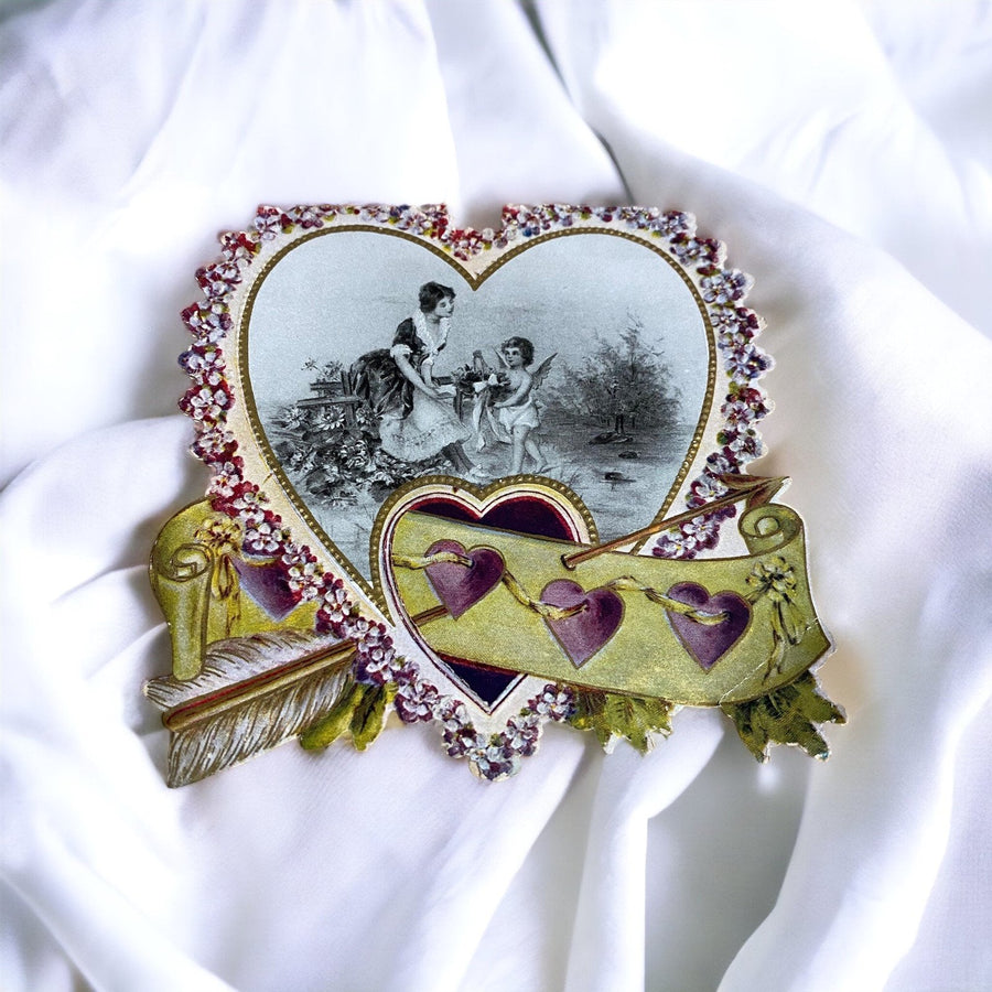Valentines Day Card Vintage Girl and Cupid with Heart and Arrow Purple and Green