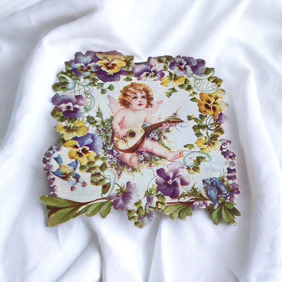 Valentines Day Card Vintage Baby Cherub Playing Guitar Surrounded by Flowers