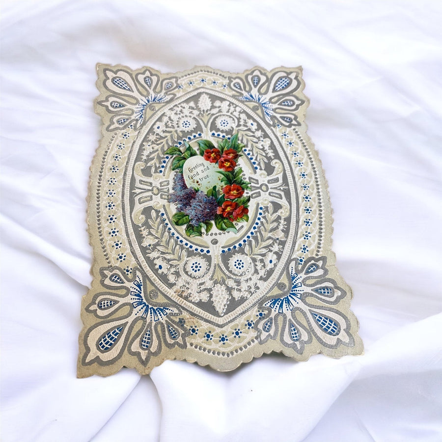Valentines Day Card Vintage Card Silver, Blue, White, Lace and Floral Details