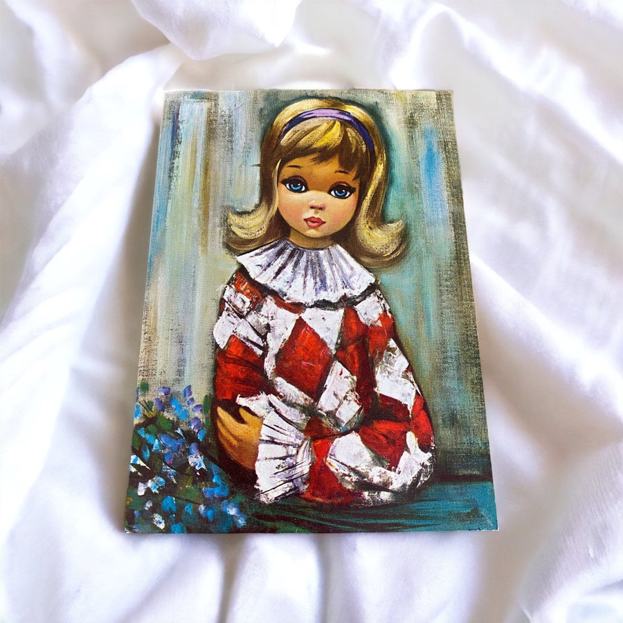 Big Eyes Eden Vintage Lithograph Print on Cardboard Pierrette Girl