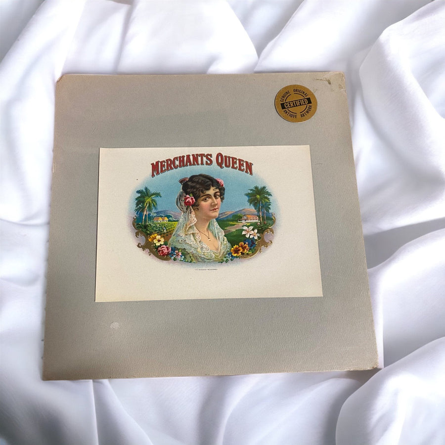 Cigar Logo Merchants Queen Cigars Authentic Label from Cigar Box c. 1880-1940