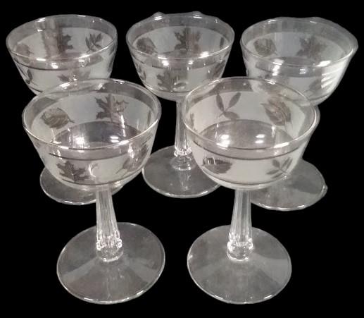 Frosted Wine Glass Libby Glass Silver Foliage MCM Set of 5