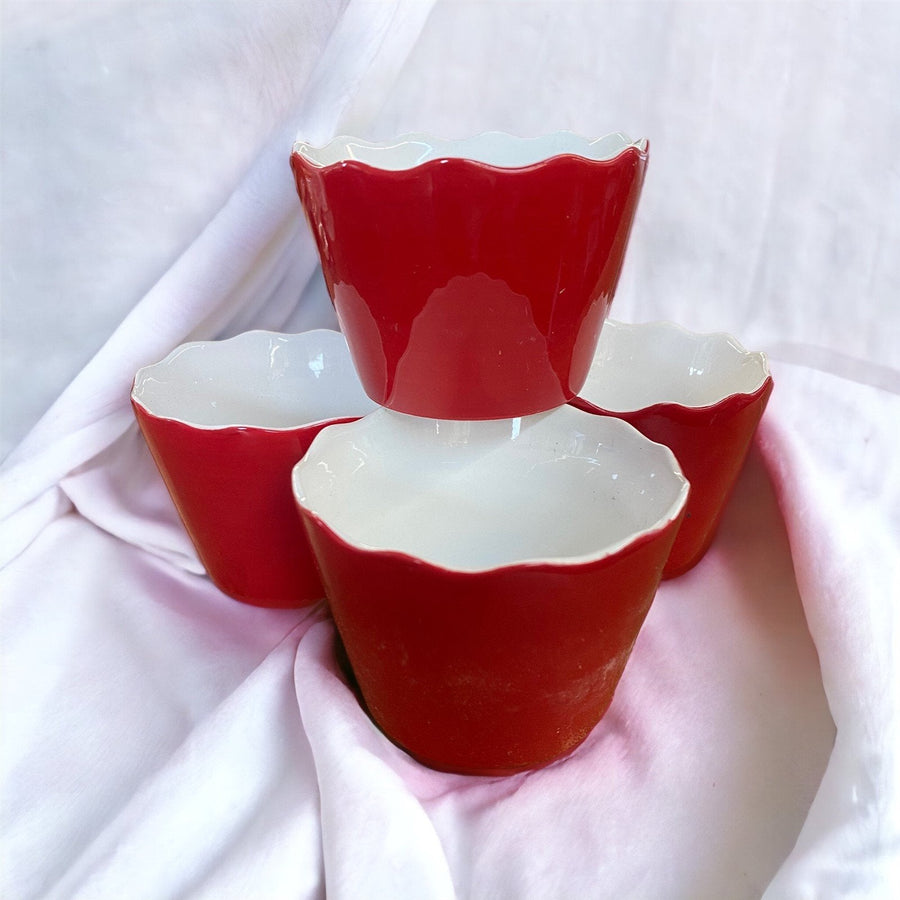Set of 4 Red Ceramic Dessert Ramekins With Scalloped Edge Bake / Dishw ...