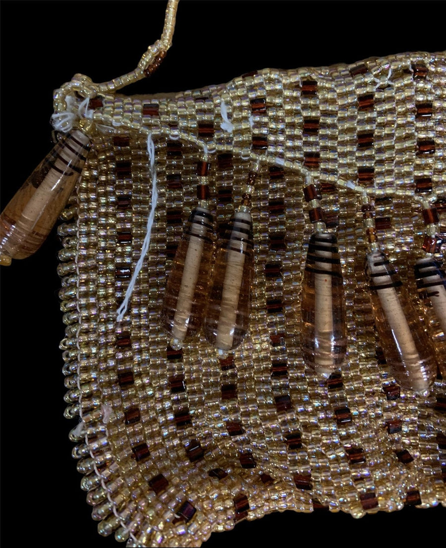 Hand Beaded Purse Gold and Brown Crossbody Over the Shoulder Adorned Mini Bag