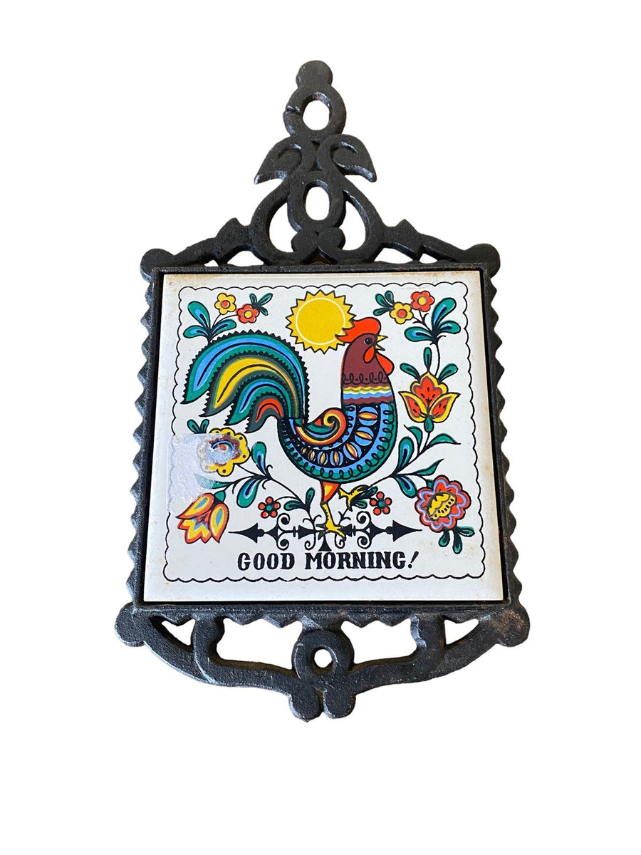 Pan trivet VTG Cast Iron and Ceramic with Rooster Design