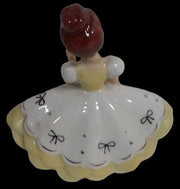 Ceramic Girl in Yellow Dress Vintage Figurine Pink Purse N3294