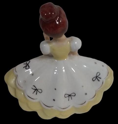 Ceramic Girl in Yellow Dress Vintage Figurine Pink Purse N3294