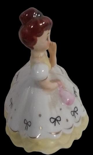 Ceramic Girl in Yellow Dress Vintage Figurine Pink Purse N3294