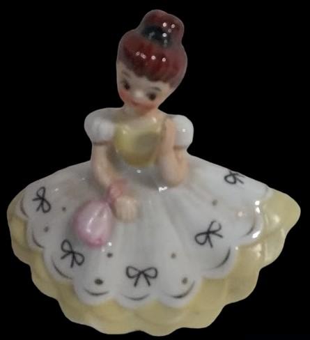 Ceramic Girl in Yellow Dress Vintage Figurine Pink Purse N3294