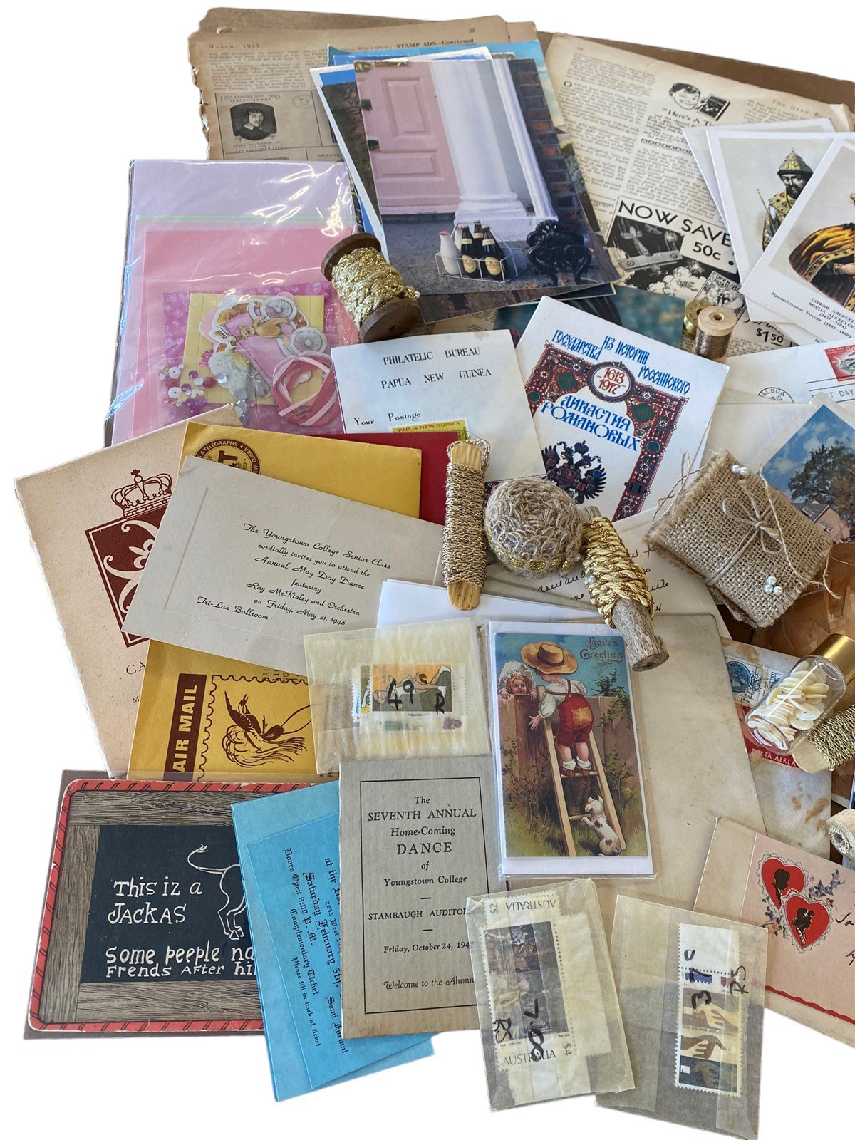 Scrapbook Junk Journal Lot Vintage Letters, Stamps, Postcards, Ribbons and More!