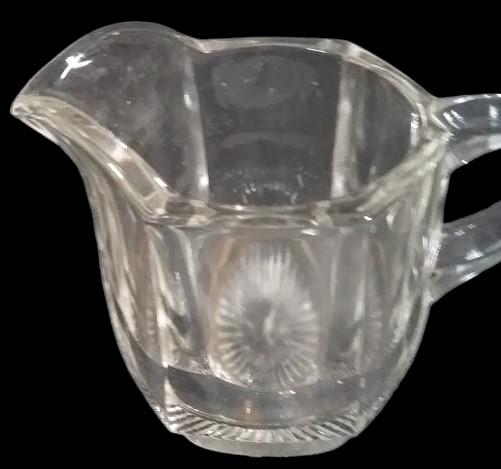 Antique Clear Glass Hexagonal Paneled Open Sugar Bowl and 2 Creamers