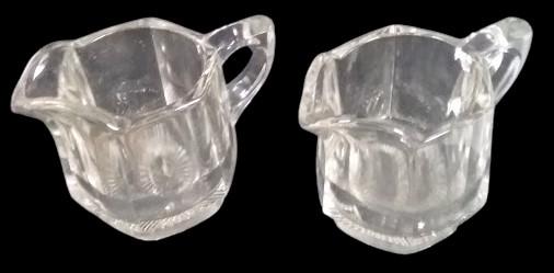 Antique Clear Glass Hexagonal Paneled Open Sugar Bowl and 2 Creamers