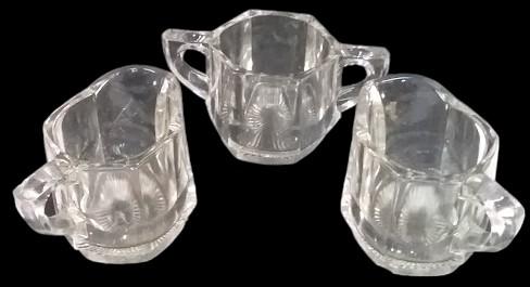 Antique Clear Glass Hexagonal Paneled Open Sugar Bowl and 2 Creamers