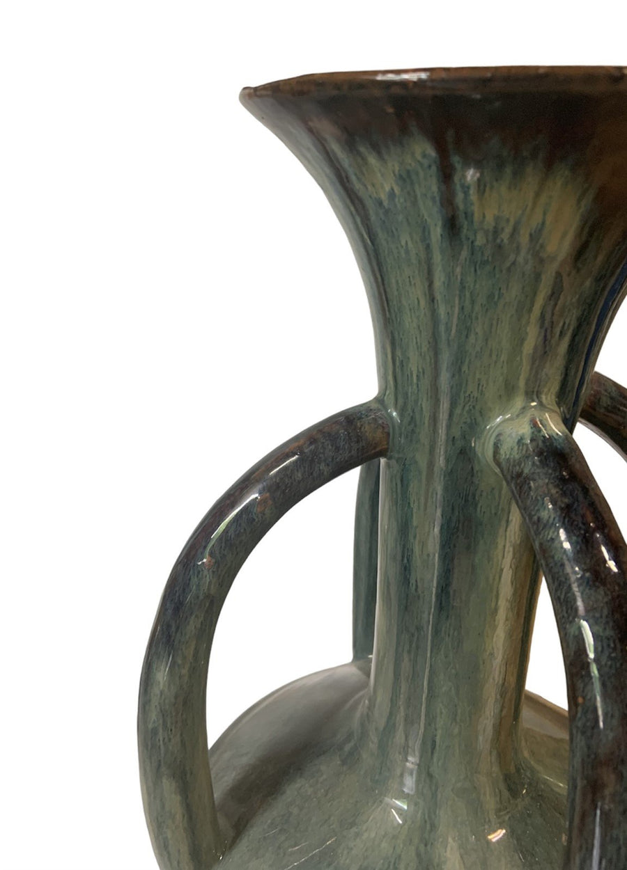 Ceramic Vase Rustic Blue Marbled Four Handle Pottery