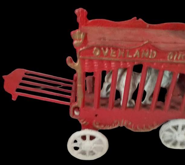 Antique Cast Iron Vintage Overland Circus Wagon with Driver and Two Horses