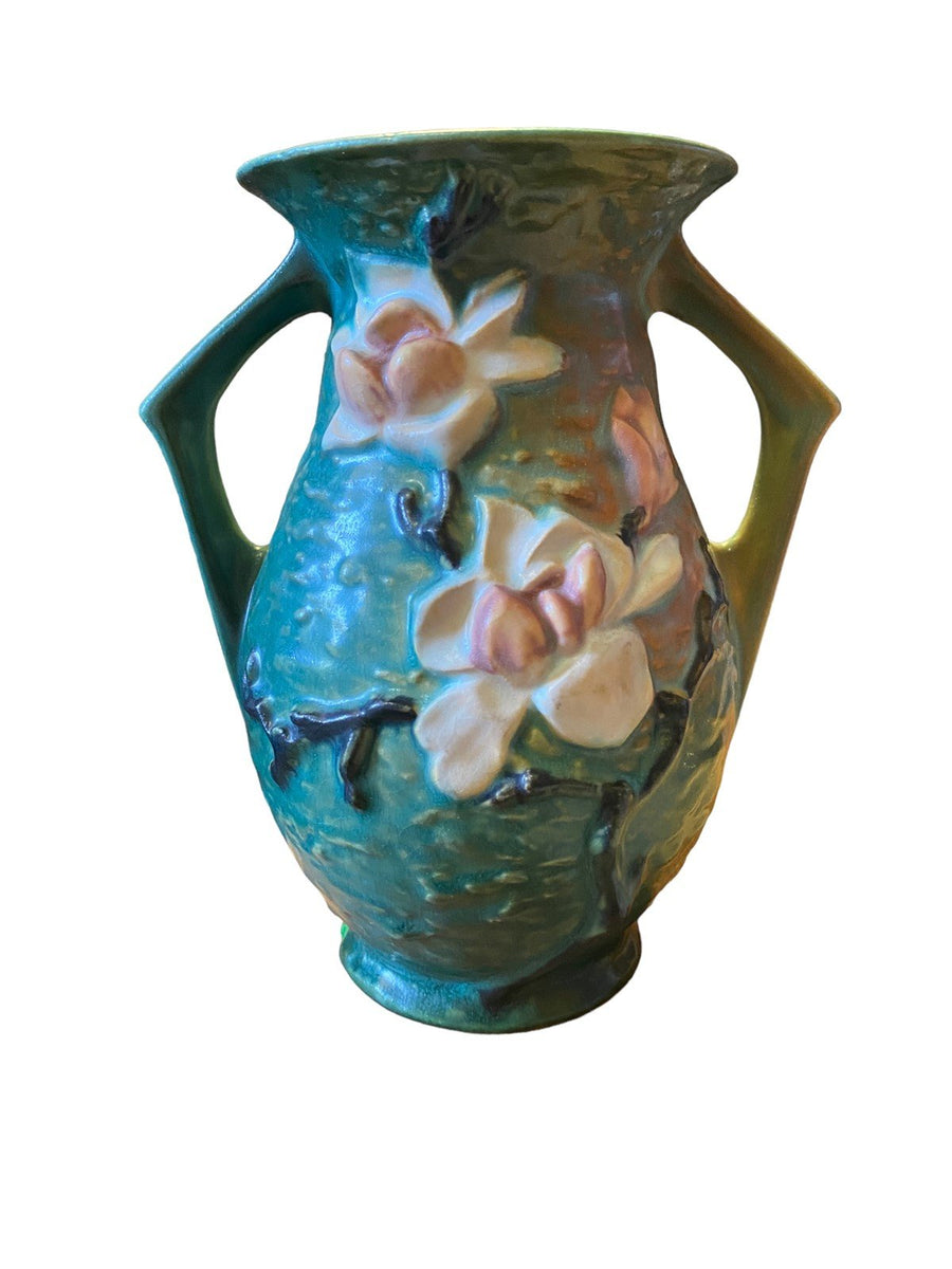 Roseville Pottery 90-7 Blue Magnolia Double Handle Vase Vintage