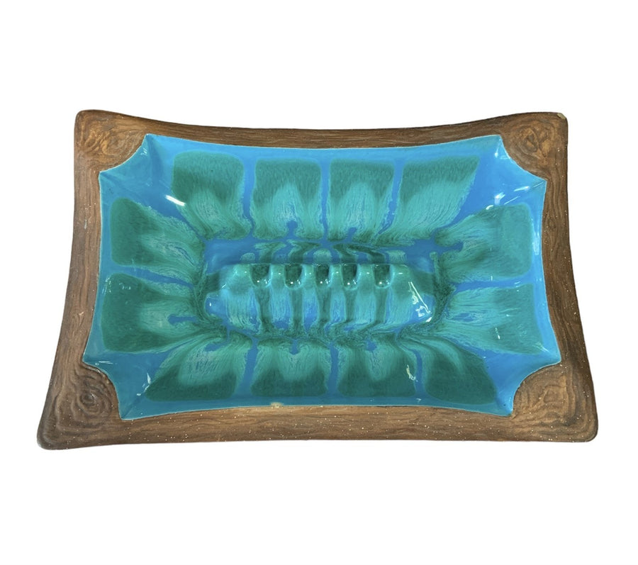 Ashtray 1960s Pottery California Original Ceramic Faux Wood Rim Blue Aqua Marble