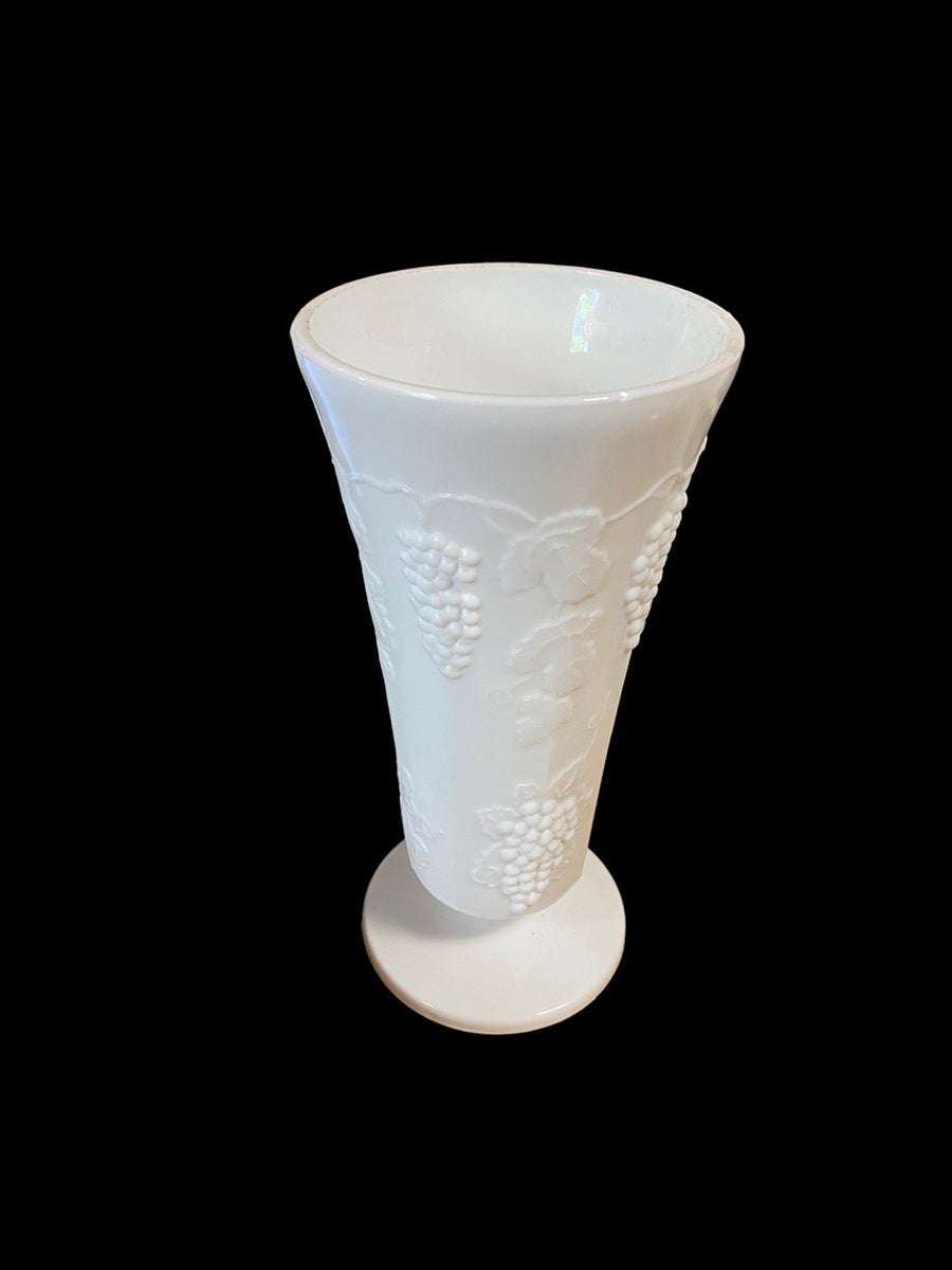 Colony Harvest Vintage Grape Leaves Vine Milk Glass Paneled Pedestal Vase