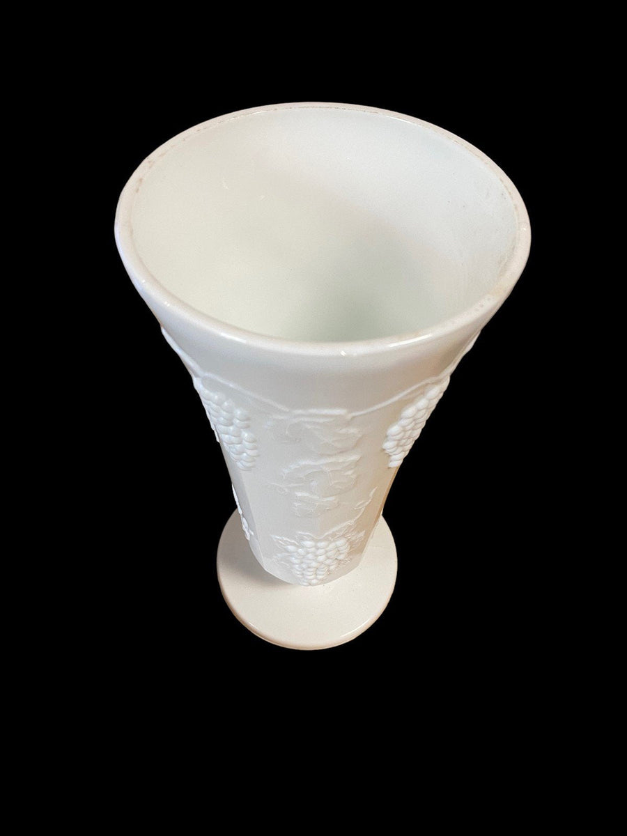 Colony Harvest Vintage Grape Leaves Vine Milk Glass Paneled Pedestal Vase
