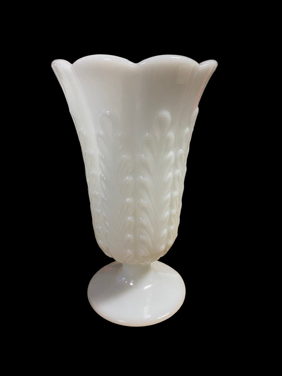 Vintage EO Brody Milk Glass Wheat Design Pedestal Vase