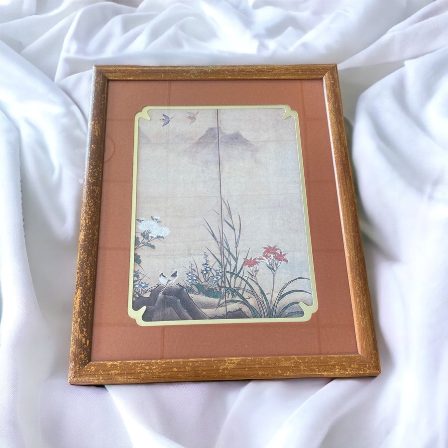 Japanese Birds & Mountain Scape Framed Painting Print, Academy Arts Chicago 8714
