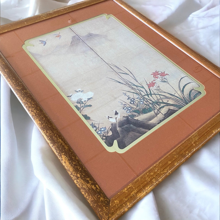 Japanese Birds & Mountain Scape Framed Painting Print, Academy Arts Chicago 8714